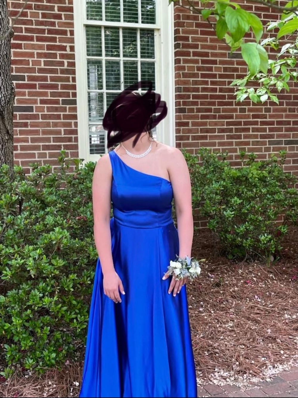 One-Shoulder Satin Evening Gown in Royal Blue